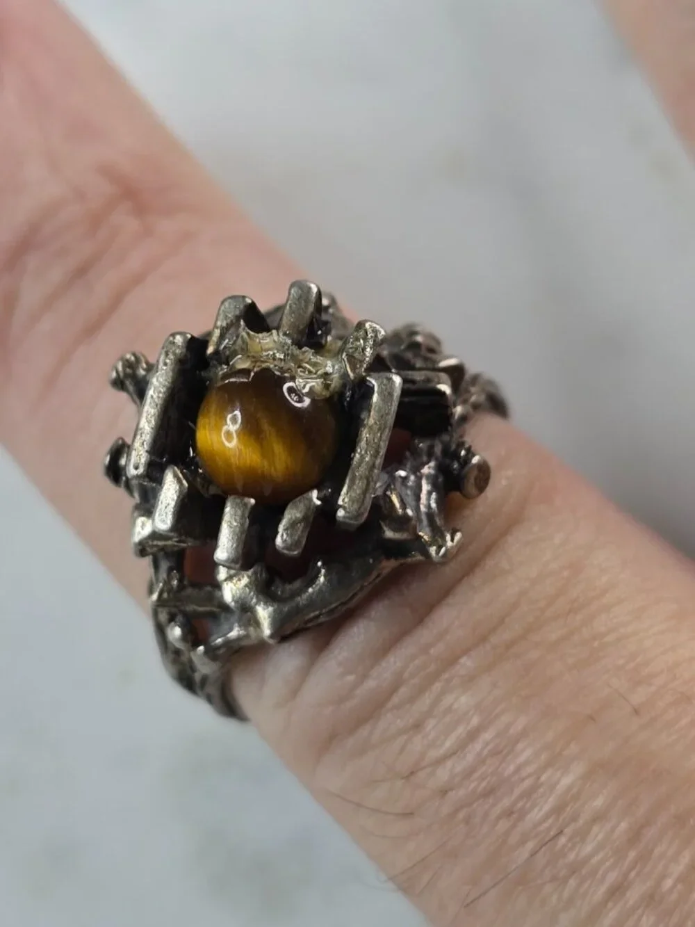 Womens Vintage Estate Sterling Silver Floral Tigers Eye Ring 4.9g E4117